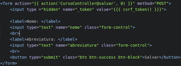 Cadastro: Novo Curso Formulário HTML (Arquivo: CursoCadastrar.blade.