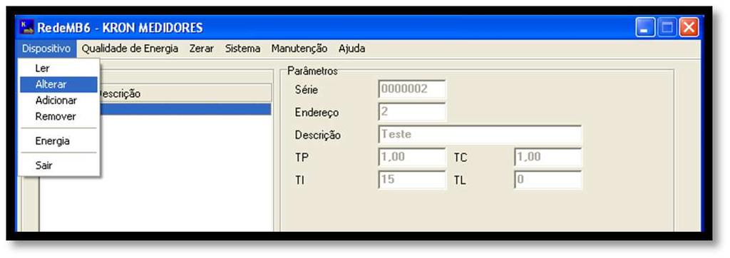 f) Para realizar a configuração dos parâmetros TP, TC, TL e TI, Eventos e parâmetros do Prodist basta clicar com o botão direito sobre o multimedidor na lista de instrumentos cadastrados e selecionar
