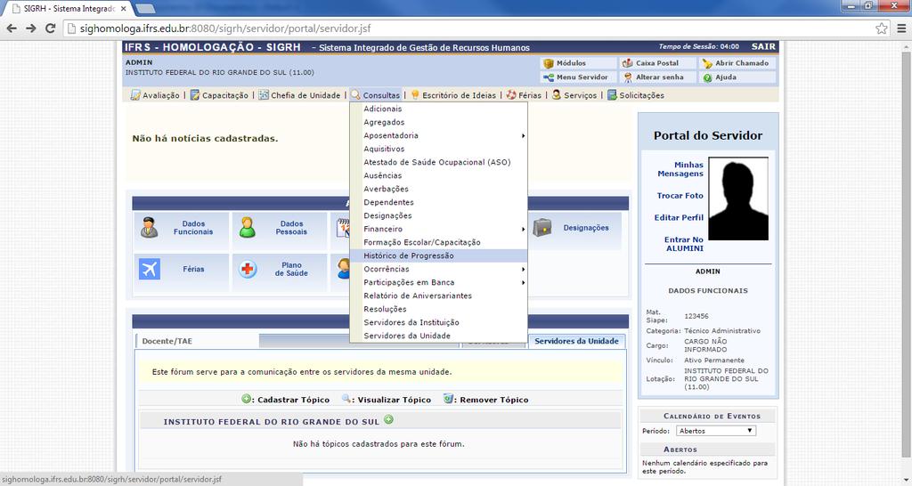 Histórico de Progressão por Servidor SIGRH Módulos Cadastro Consultas/Relatórios Consultas Gerais Progressão Histórico de Progressão por Servidor (Perfil Gestor Cadastro).