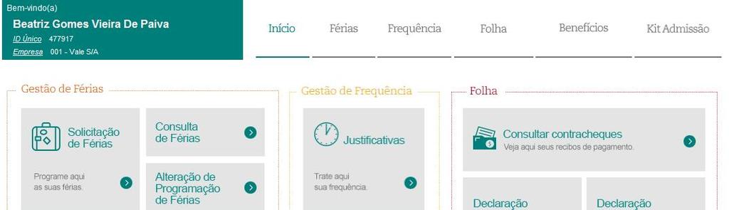 Nova sessão para Folha, Frequência e Benefícios Principais mudanças: 3 blocos com botões de acesso