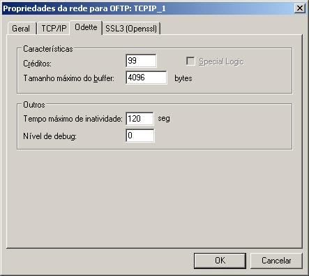 17. As seguintes opções de configuração para o protocolo OFTP TCP/IP podem ser selecionadas na guia Odette, conforme mostra a figura abaixo: Nesta tela você irá preencher os campos