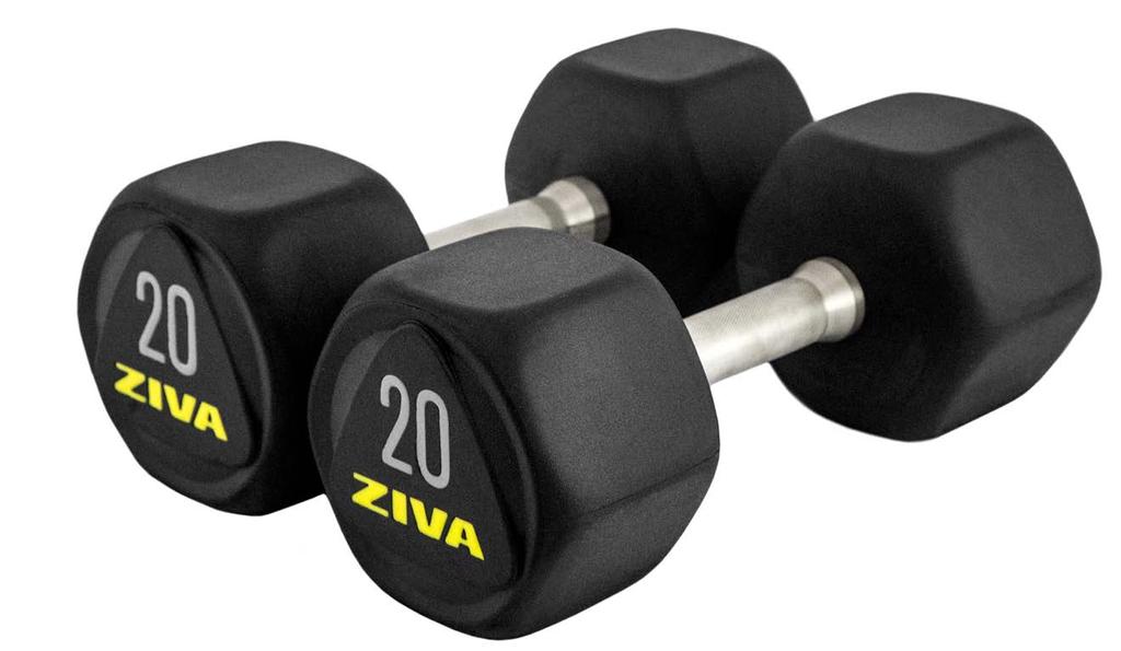 PEGADA EM AÇO INOX DUMBBELL NEW SL HEX Revestida em Borracha Virgem. Pegada (Grip) em aço inoxidável. Precisão calibrada. Incrementos de 2Kg com pesos de 12 a 40Kg.