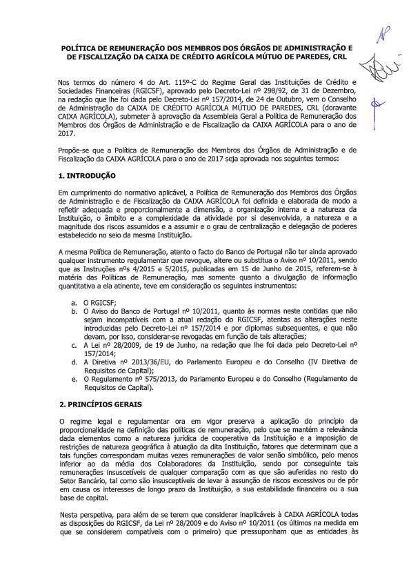 POLÍTICA DE REMUNERAÇÃO DA CAIXA DE CRÉDITO AGRÍCOLA MÚTUO DE PAREDES,CRL 1.
