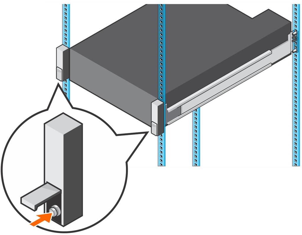 Figura 4. Aperte os parafusos Se o sistema do Storage Center inclui gabinetes de expansão, monte os gabinetes de expansão no rack.