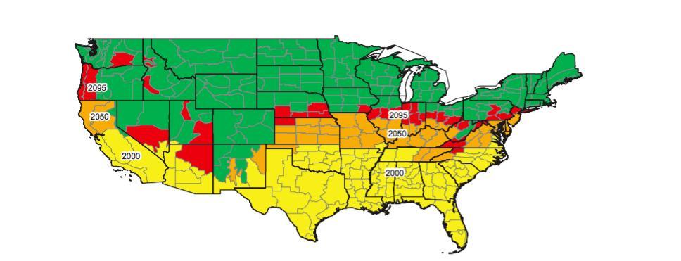 Figura 5. Previsão da expansão da região stone-belt Norte-Americana, nos anos 2000 (região a amarelo), 2050 (região a cor-de-laranja) e 2095 (região a vermelho).