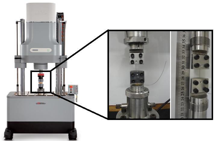 Figura 37. Máquina de ensaios Instron Electropuls E1. (a) Vista geral da máquina de ensaios. (b) Detalhe da garra e do fio NiTi instalado.