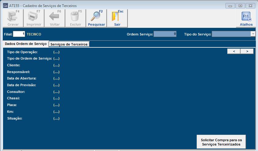 Figura 2: AT155 Cadastro de Serviços de Terceiros Após abrir a tela deve-se informar a Filial referente à ordem de serviço que irá realizar o lançamento do serviço de