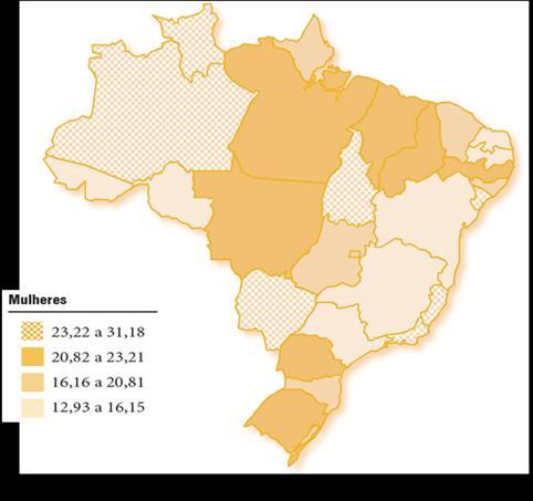 Figura 3 Representação espacial das taxas de incidência estimada de neoplasia maligna do colo do útero (por 100 mil mulheres) para 2010, segundo Unidade da Federação.