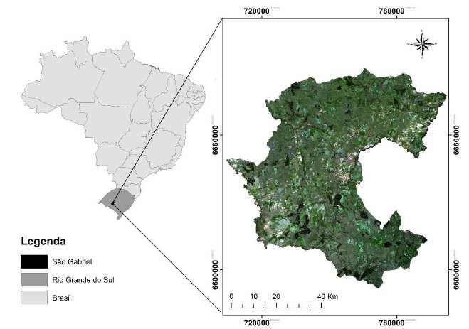 FIGURA 1 - Localização do município de São Gabriel - RS Materiais Utilizados Imagens orbitais dos satélites Landsat 5 sensor TM (Thematic Mapper) referente a 30/06/2009 (bandas 1, 2, 3, 4, 5, 6 e 7)