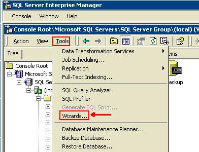 Enterprise Manager seleto. 2. Conecte ao servidor SQL que contém o base de dados de ICM. 3. Selecione ferramentas > assistentes, segundo as indicações de figura 3.