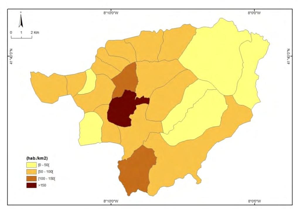 Densidade populacional, por freguesia, no concelho de Vieira do