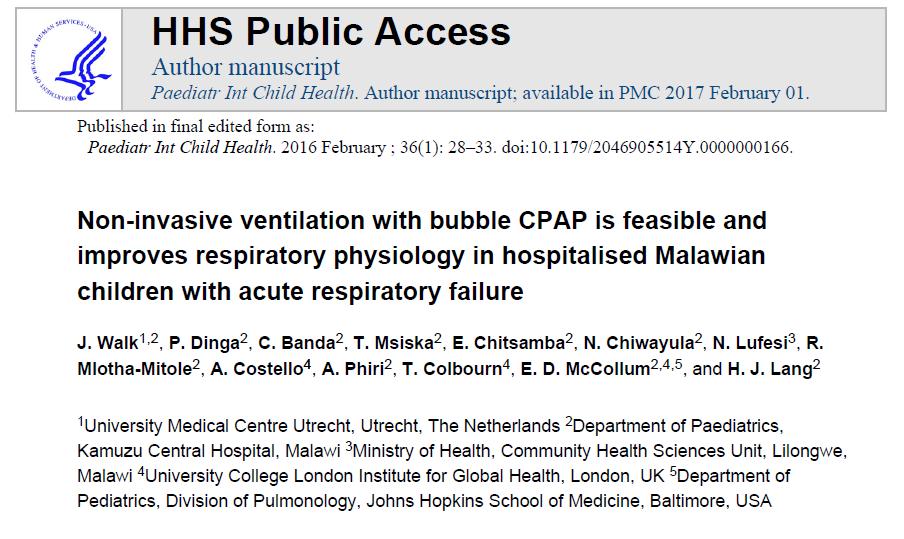 Journal Club Título: ʺVentilação nãoinvasiva com CPAP de bolhas é viável e melhorou a fisiologia respiratória em crianças malawianas hospitalizadas com insuficiência