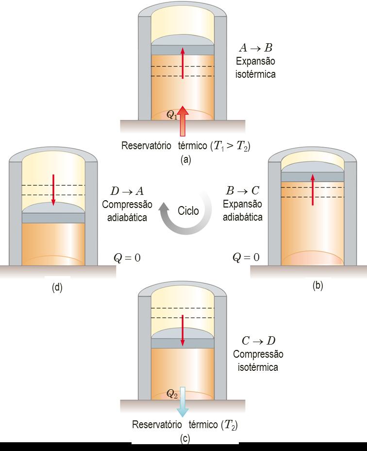 O ciclo de Carnot A B: O gás é posto em contato térmico com um reservatório (quente) e sofre uma expansão isotérmica reversível à temperatura T 1, absorve energia Q 1 do reservatório e realiza um