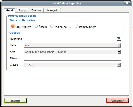 Inserir/Editar hiperlink: após selecionar um texto ou figura na página, este botão ficará ativo, permitindo criar hiperlinks para uma URL/arquivo, âncora, página do banco de dados ou