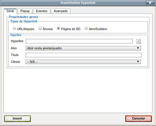 Hiperlink para página do banco de dados: Selecione esta opção para definir link para uma página do banco de dados, clicando no botão localizar e depois confirmar a seleção.