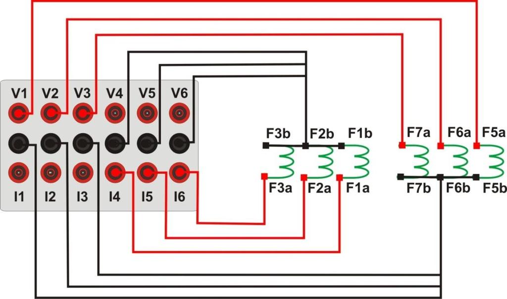 2 Bobinas de Corrente e Tensão Para estabelecer a conexão das bobinas de tensões, ligue os canais de corrente V1, V2 e V3 aos pinos F5a, F6a e F7a do relé e conecte os comuns dos