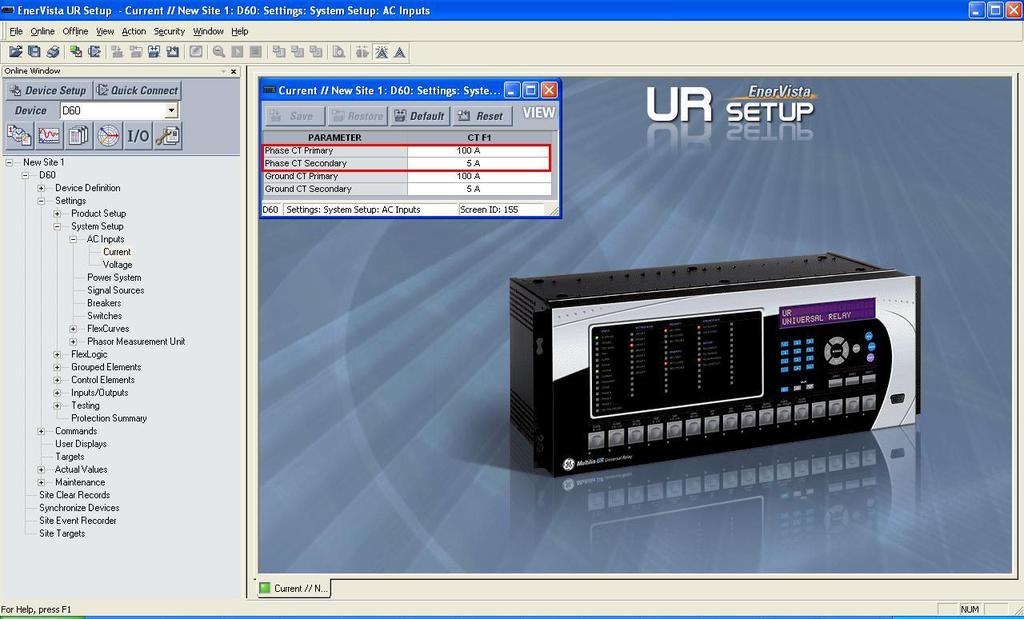 Setup > AC Input e efetue um duplo clique em Current, nela ajuste os valores de corrente primária e