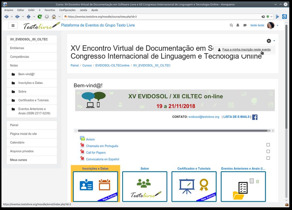 Conheça agora a famosa rodinha, que é o ícone atual do Moodle para abrir o menu de configurações, no alto, à