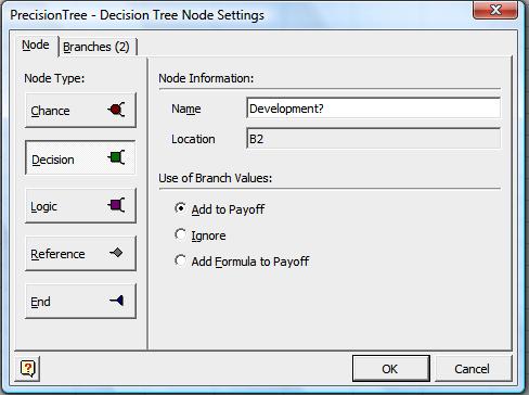 2. Passo 2: o próximo passo é adicionar o nó de decisão Development?. 2.1. Para criar este nó, clique no botão do nó final / end node (triângulo azul).
