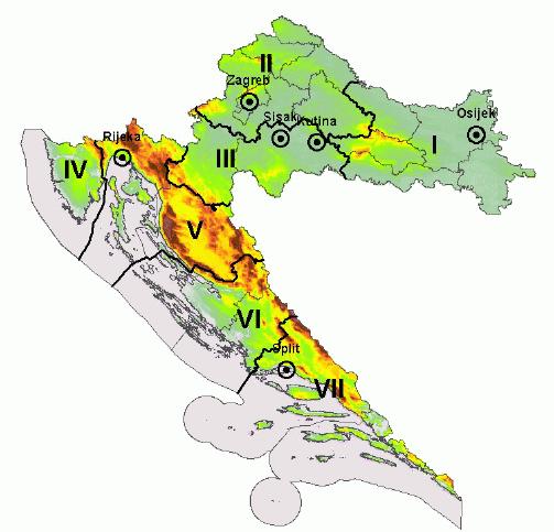 Slika 14 Prostorno razgraničenje Hrvatske na područja i naseljena područja za ocjenu kakvoće zraka Izvor: Plan zaštite i poboljšanja kakvoće zraka u Republici Hrvatskoj za razdoblje od 2008. do 2011.