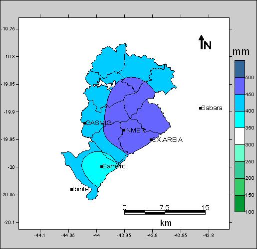 77 No mês de dezembro de 2004, como no ano anterior, as diferenças são mais perceptíveis na variação de 6 para 11 pluviômetros, conforme Figuras 58, 59 e 60.