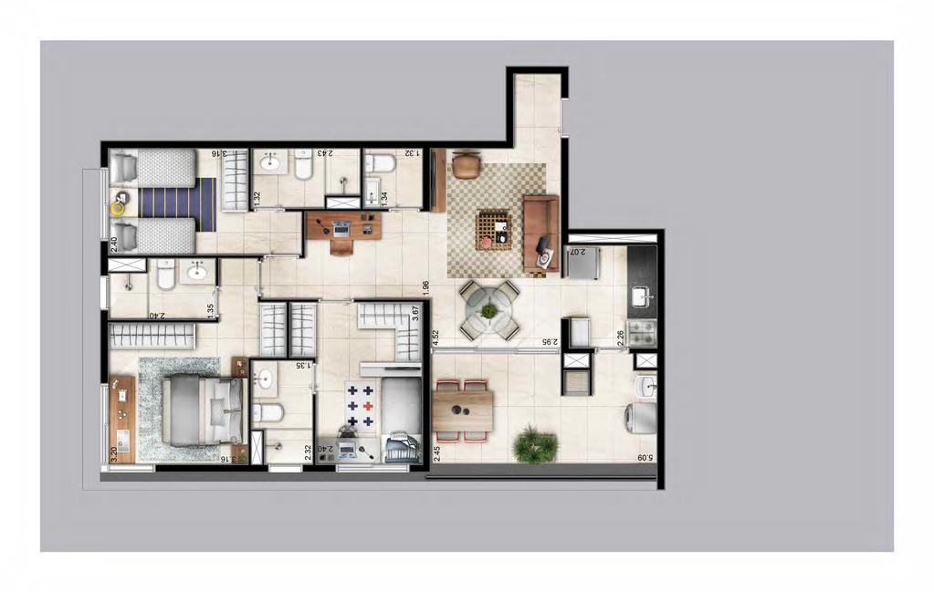 CAIXILHOS DE GRANDES DIMENSÕES E DE ACORDO COM AS NORMAS DE DESEMPENHO ACÚSTICO PÉ DIREITO DUPLO 3 suítes 95 m 2 PREVISÃO PARA INSTALAÇÃO DE CARDAL (AQUECIMENTO DE ÁGUA) CHURRASQUEIRA COM DUTO DE