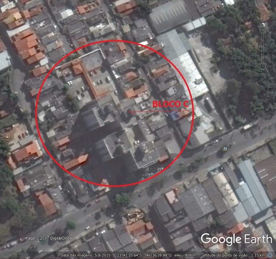Imagem 04: Detalhe da implantação do Condomínio Residencial Plaza Diadema, estando demarcado o Bloco C, relativo ao imóvel avaliando. (Fonte: Google Earth) 2.