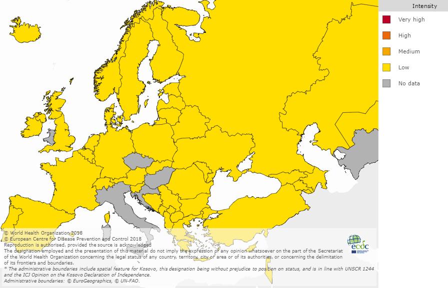 Situação internacional: Europa Na semana 42/218 todos os países e regiões que reportaram dados de atividade gripal referiram níveis de atividade gripal não epidémicos.