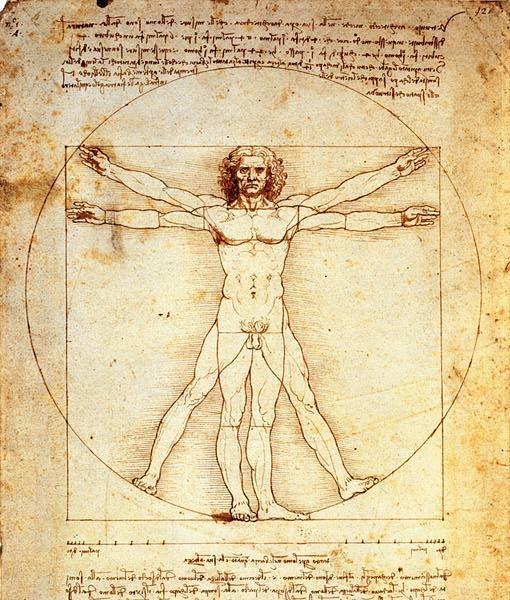 Sua discussão sobre proporções, a partir do desenho chamado de Homem Vitruviano, de 1490, traz o conceito da Divina
