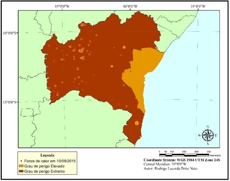 Figura 2. Número de focos de calor detectados no estado da Bahia em 2015. Foram escolhidas 19 datas nos meses de setembro, outubro e novembro que representaram 50% do total anual de focos de calor.