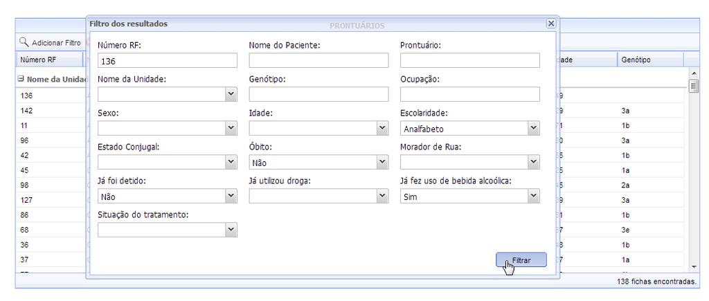 FILTRAR FICHAS Para filtrar alguma informação, clique sobre o botão.