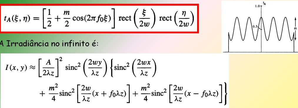 Redes de difracção de amplitude Como o -Dirac é o elemento neutro da convolução, o campo no infinito é: Para se calcular a Irradiância no infinito, I(x,y) ~ U(x,y) 2.