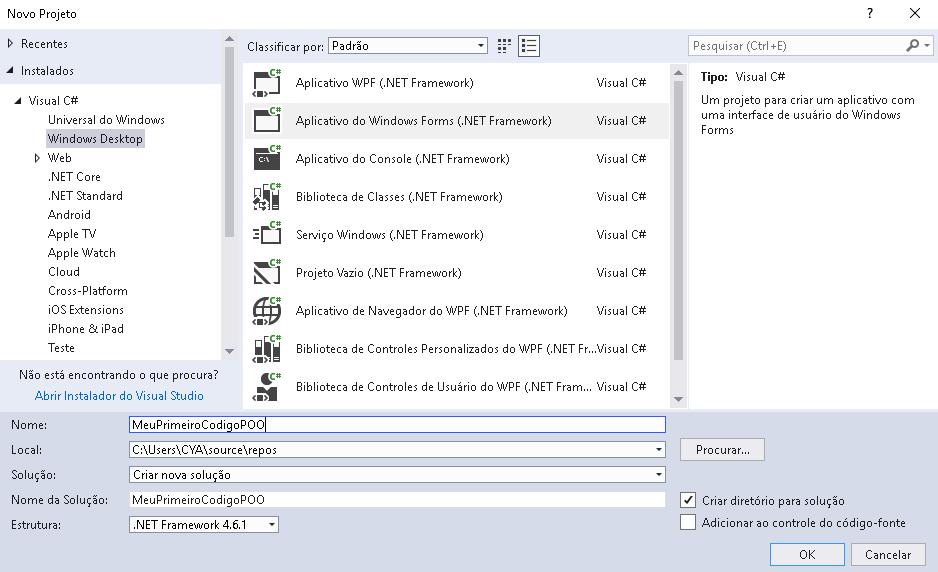 Na prática Vamos criar um novo projeto no Visual Studio Vá em Arquivo >> Novo >> Projeto No menu direito escolha VISUAL