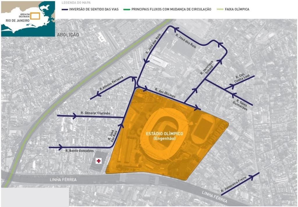 Desde o dia 23 de julho, há inversão de sentido vias no entorno do Estádio Olímpico (Engenhão). O esquema de tráfego está previsto para operar até o dia 18 de setembro.