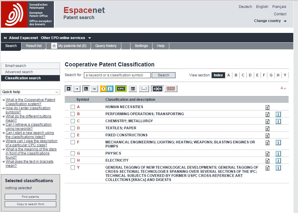 Classificação Cooperativa de Patentes (CPC) no Espacenet