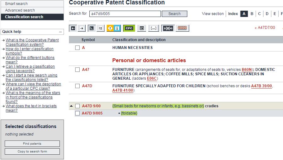 Os documentos de patente na classificação A47D 9/005, referente a berços dobráveis, podem ser recuperados através do seguinte