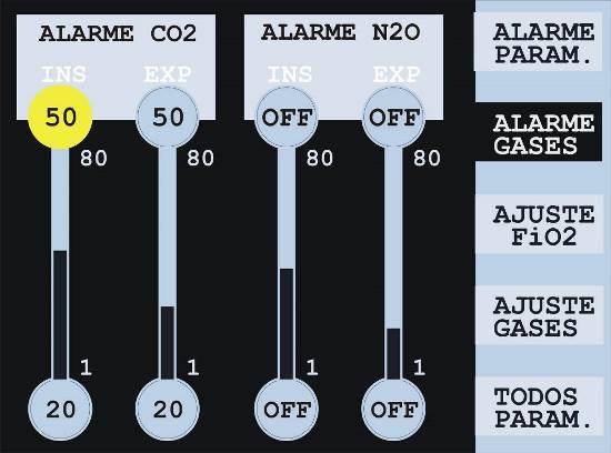 alarmes e parâmetros monitorizados pelo ventilador, tendo as opções abaixo: Alarme Parâmetros - permite o ajuste dos limites inferior (BAIXO) e superior (ALTO) dos alarmes