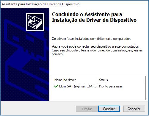 2.3 3º Passo: Quando aparecer a seguinte janela e o nome do driver Elgin SAT estiver assinalado em verde, significa que o driver foi instalado com