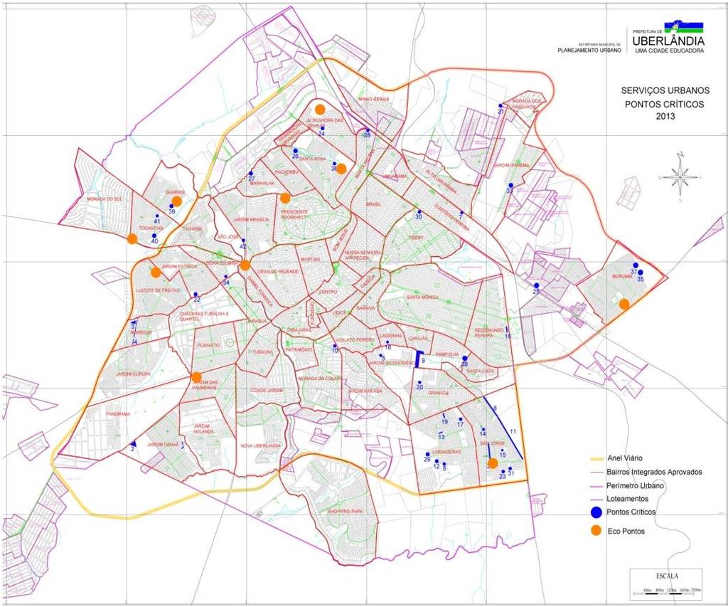ou que houve volume considerado de resíduos coletados. Figura 1 - Mapa da cidade de Uberlândia com a localização dos ecopontos e os pontos críticos.