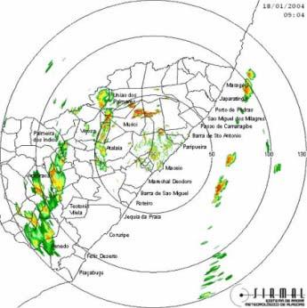 (a) (b) (c) Figura 3 - Imagem de radar SIRMAL: acompanhamento do avanço da chuva sobre Alagoas no dia 18 de janeiro de 24.