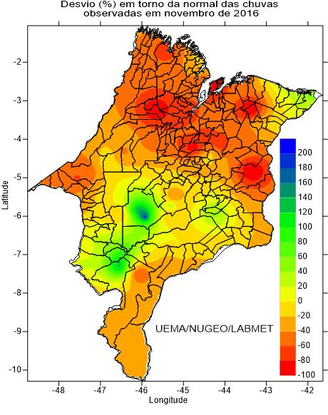 Figura 5: Distribuição das chuvas em Novembro de 2016 no Maranhão: Desvios percentuais.