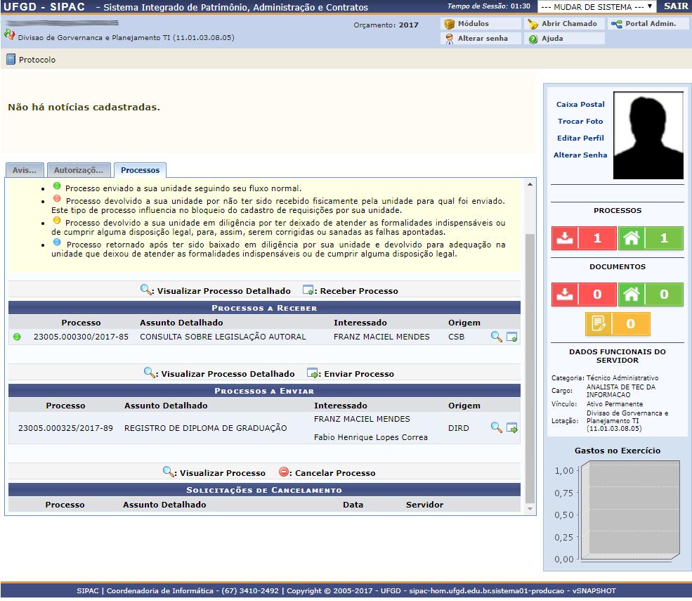 Portal SIPAC Após realizar o login o sistema apresentará a tela principal do usuário.