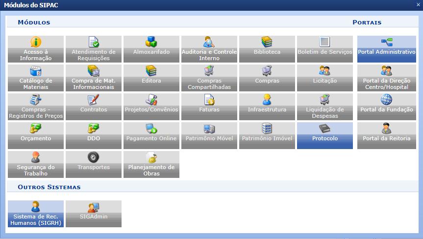 Após entrar no menu módulos escolha a opção Protocolo.