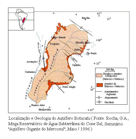 Figura 3.6 - Localização do aqüífero Guarani O teor médio de sólidos totais dissolvidos está ao redor de 200 mg/l, boa para consumo humano.