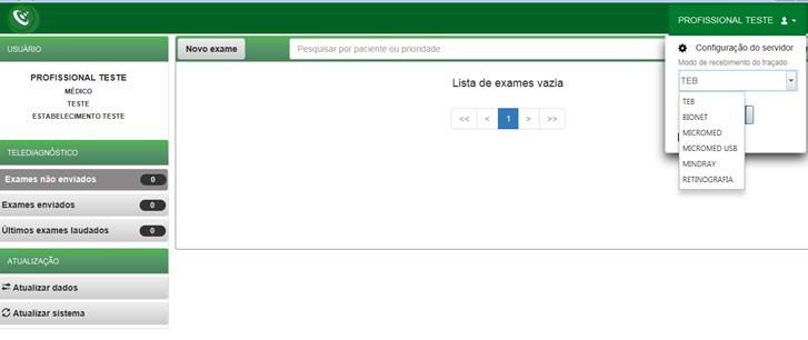 No menu do usuário é possível selecionar o modo de recebimento do exame: Fig.