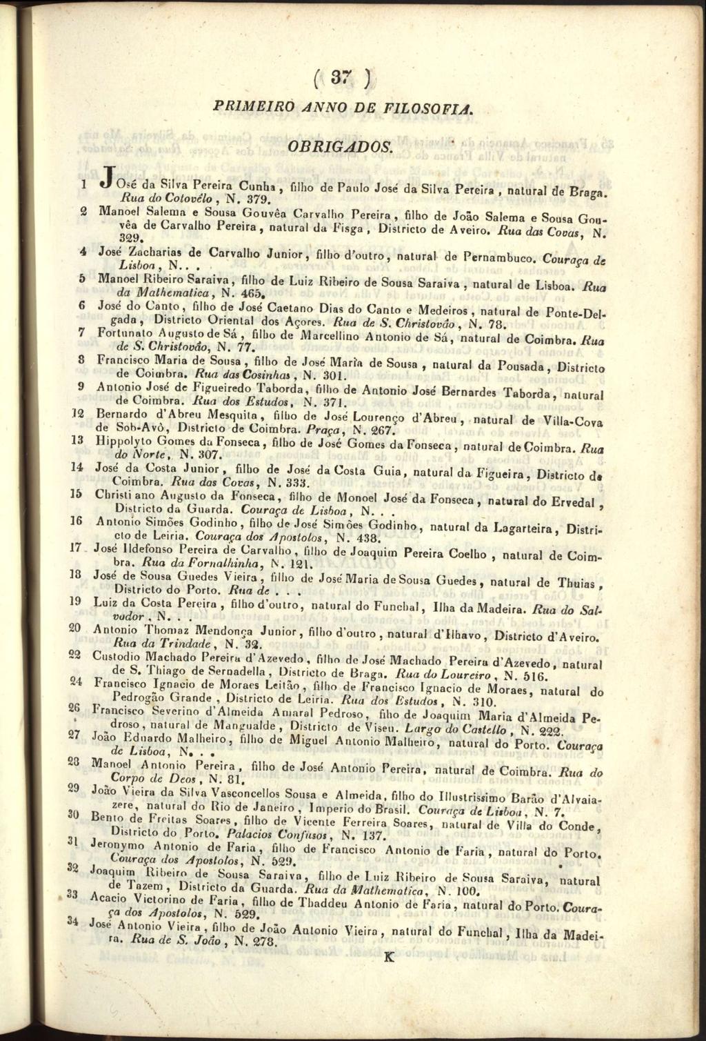 (\ 3 r PRIMEIRO ) ANNO DE FILOSOFIA. OBRIGADOS. 1 2 J o s é da Silva Pereira Cunha, filho de Paulo da Silva Pereira, nalural de Bra-a Hua do Cotovelo, N. 379.