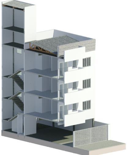 A Figura 8 apresenta o corte AA da arquitetura em perfil e em perspectiva criados a partir do modelo em Revit : Figura 8 Corte AA em perfil e em perspectiva 4.1.