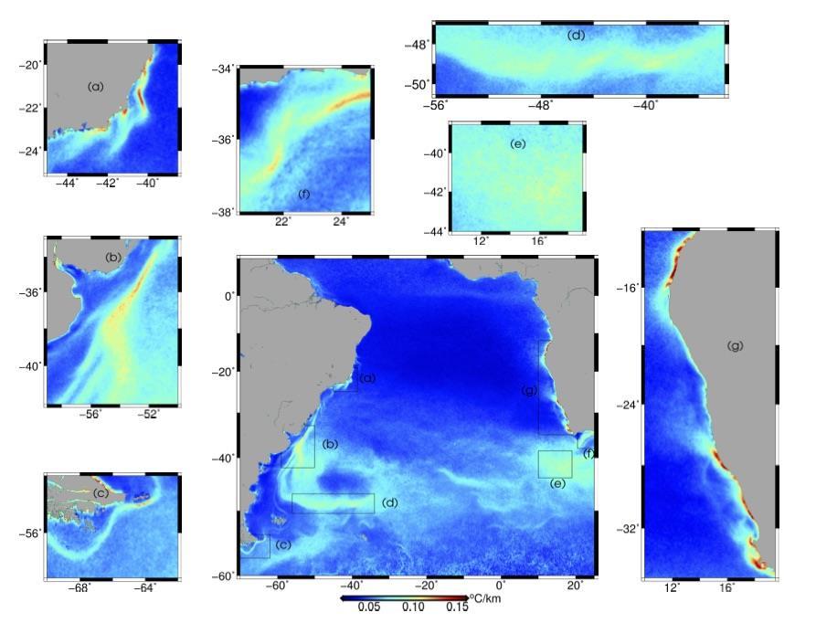 anomalias de calor transportadas por vórtices são mais intensas na região da confluência Brasil Malvinas e da retroflexa o das Agulhas; Dominância do ciclo sazonal em frentes de regiões