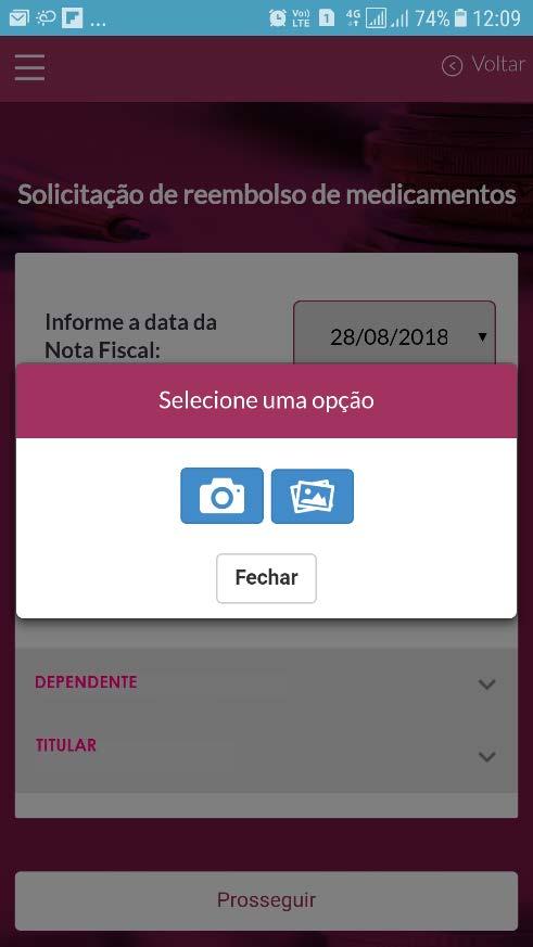 APLICATIVO MOBILE - SOLICITAÇÃO DE REEMBOLSO DE MEDICAMENTO Passo 5: Clicar no botão + Nota Fiscal para