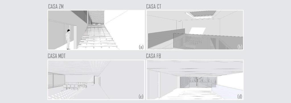 Espacialidade Os halls das casas analisadas são ambientes que promovem tensões multidirecionais, resultantes da excessiva disposição de aberturas para o exterior, portas internas, escadas e passagens
